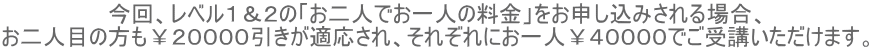 今回、レベル1&2の「お二人でお一人の料金」をお申し込みされる場合、 お二人目の方も¥20000引きが適応され、それぞれにお一人¥40000でご受講いただけます。